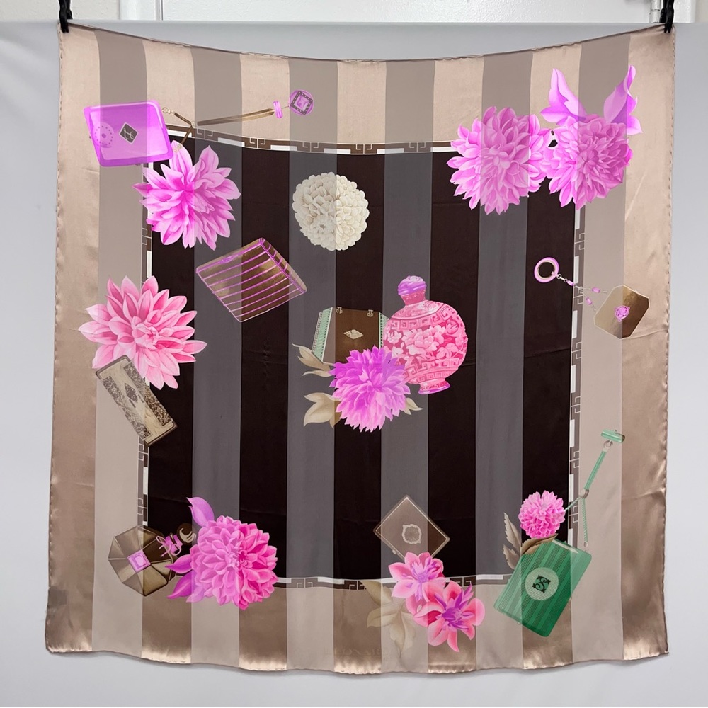 Vintage Leonard 100% Silk Scarf Stripes Floral Print‎ Beige Brown Pink Green